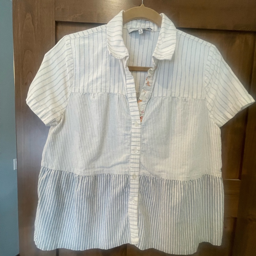 🌥️ Madewell stripe combo button blouse the new denim project ⛅️